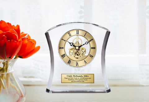 Diamond Cut Arch Crystal Engraved Clock Employee Retirement Service Award Boss