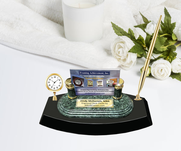 Personalized Marble Desk Mini Clock Pen Set Marble Business Card Executive Gift Engraved Employee Promotion Graduation Card Holder Nameplate