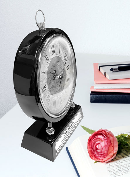 Large Silver Personalized Desk Clock Engravable Majestic Black Base Home Office Decor Accent Anniversary Employee Service Award Retirement Clock