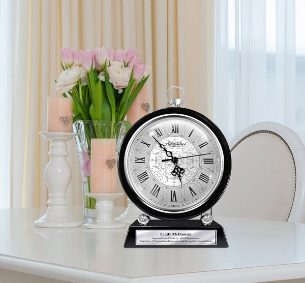Large Silver Personalized Desk Clock Engravable Majestic Black Base Home Office Decor Accent Anniversary Employee Service Award Retirement Clock