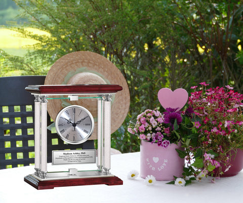 Personalized Gift Engraved Clock Diamond Columns Etched Silver Engraving Glass Retirement For Her Him Idea Anniversary Desk Mantel Award