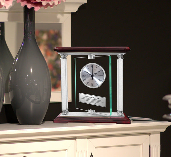 Personalized Gift Engraved Clock Diamond Columns Etched Silver Engraving Glass Retirement For Her Him Idea Anniversary Desk Mantel Award