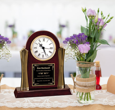 Engrave Wooden Clock Metal Gold Column Desk Clock Table Shelf Mantel Award Year of Service Employee Coworker Anniversary Anniversary Wedding