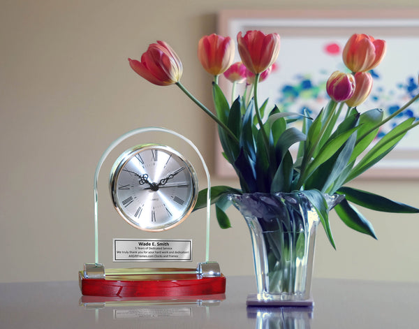 Personalized Desk Clock Beveled Glass Arch Clock with Silver Chrome Accents Shiny Cherry Base Engrave Employee Recognition Retirement Service Award Wedding Anniversary Mantle