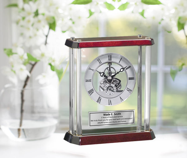 Silver Column Davinci Dial Clock Encased in Glass on Lustrous Wood Cherry Base Engraved Plate Executive Retirement Gift Birthday Wedding Anniversary Promotion Service Award