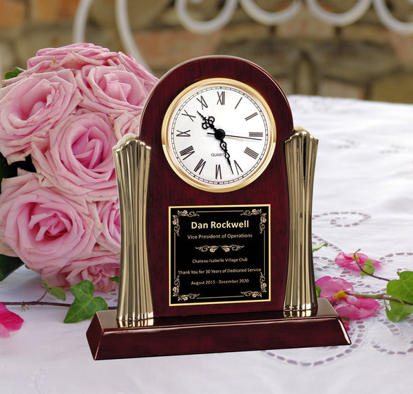 Engrave Wooden Clock Metal Gold Column Desk Clock Table Shelf Mantel Award Year of Service Employee Coworker Anniversary Anniversary Wedding