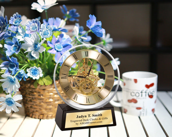 Round Moon Crystal with Da Vinci Moving Gear Clock on Black Crystal Base Gold Personalized Engraving Employee Service Award Retirement Gift Coworker Boss Colleague Wedding Anniversary Birthday