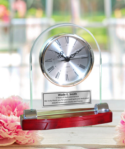 Personalized Desk Clock Beveled Glass Arch Clock with Silver Chrome Accents Shiny Cherry Base Engrave Employee Recognition Retirement Service Award Wedding Anniversary Mantle