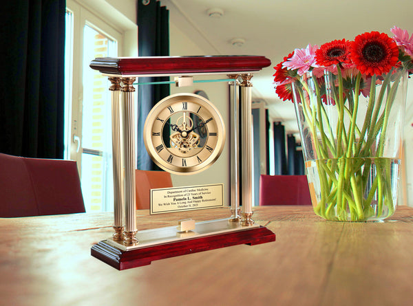 Gold Gear Davinci 360 Degree Spinning Glass Personalized Desk Mantle Clock Table Top Engraved Boss Coworker Retirement Recognition Wedding Anniversary Mantel Service Award Promotion