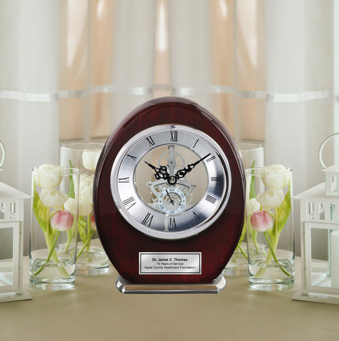 Engraved Oval Serenity Desk Table Clock Wood Silver Davinci Clock Retirement Service Award Recognition Birthday Gifts mechanical gear clock