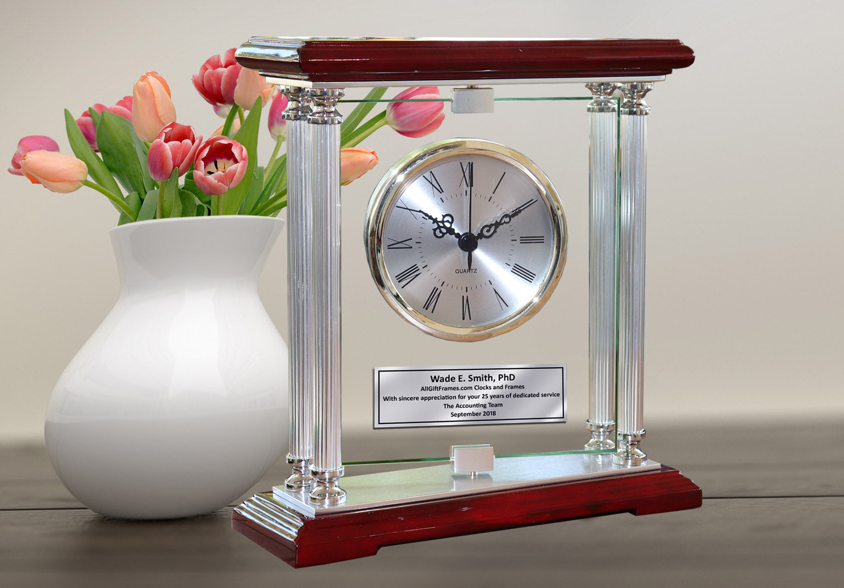 Engraved Clocks Corporate Gifts Personalized Desk Rotating Glass Accen