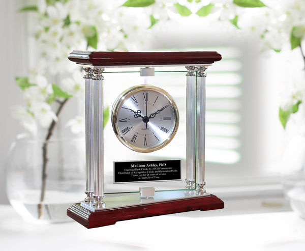 Etched Clock European Inspired Rosewood Glass Table Mantel Award Retirement Gift Wedding Gift Anniversary Present Employee Recognition Service Award Birthday
