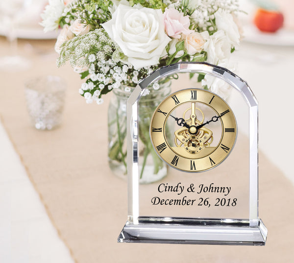 Diamond Cut Marquee Arch Clear Crystal Personalized Clock with Black Etching Colorfill Gear Premium Desk Timepiece Display Glass Birthday Anniversary Wedding Gift