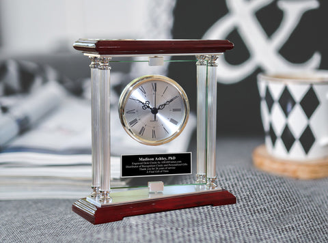 Etched Clock European Inspired Rosewood Glass Table Mantel Award Retirement Gift Wedding Gift Anniversary Present Employee Recognition Service Award Birthday