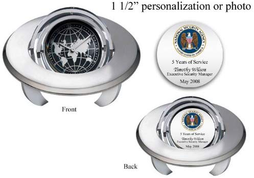 Spinning Globe Planet Clock with Personalization or Frame That Holds 1 7/8 Diameter Photo or Message Unique Retirement Gift, Employee Recognition or Service Award