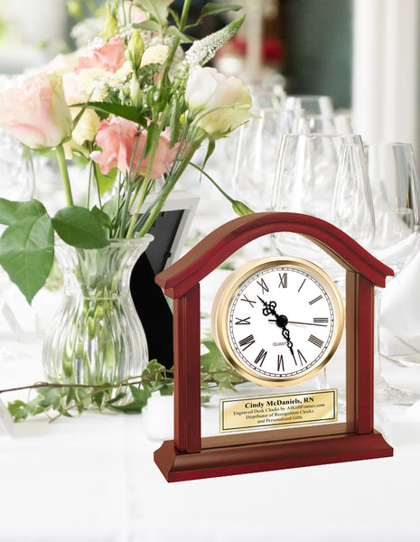 Engraved Clock Clear Glass Anniversary Wedding Retirement Desk Clock Arch Wood Employee Recognition Service Award Anniversary Gift Wedding