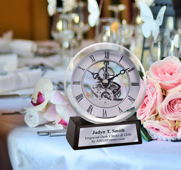 Engrave Desk Clock Silver Home Office Dial Gear Encase in Glass Mounted on Black Crystal Silver Engraved Personalized Shelf Table Clock Award Retirement Recognition Service