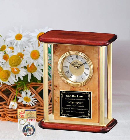 Personalized Burl Clock Gold Metal Column Custom Metal Anniversary Black Engrave Plate Desk Present Ideas Appreciation Birthday Mantel Engravable Award Service