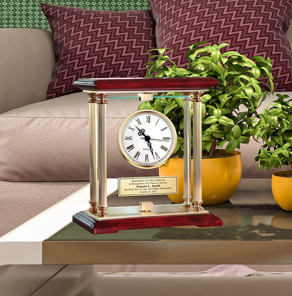 Gold Table Clock Glass Rotating Accent Clocks Display Birthday Housewarming Girlfriend Boyfriend Wife Husband Gift Retirement Thank You Love