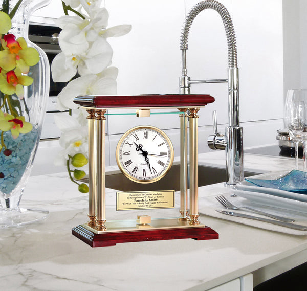 Gold Table Clock Glass Rotating Accent Clocks Display Birthday Housewarming Girlfriend Boyfriend Wife Husband Gift Retirement Thank You Love