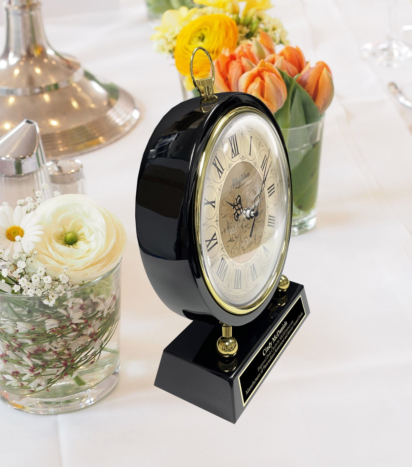 Large Gold Florentine Personalized Clock Gift Engrave Black Pedestal P