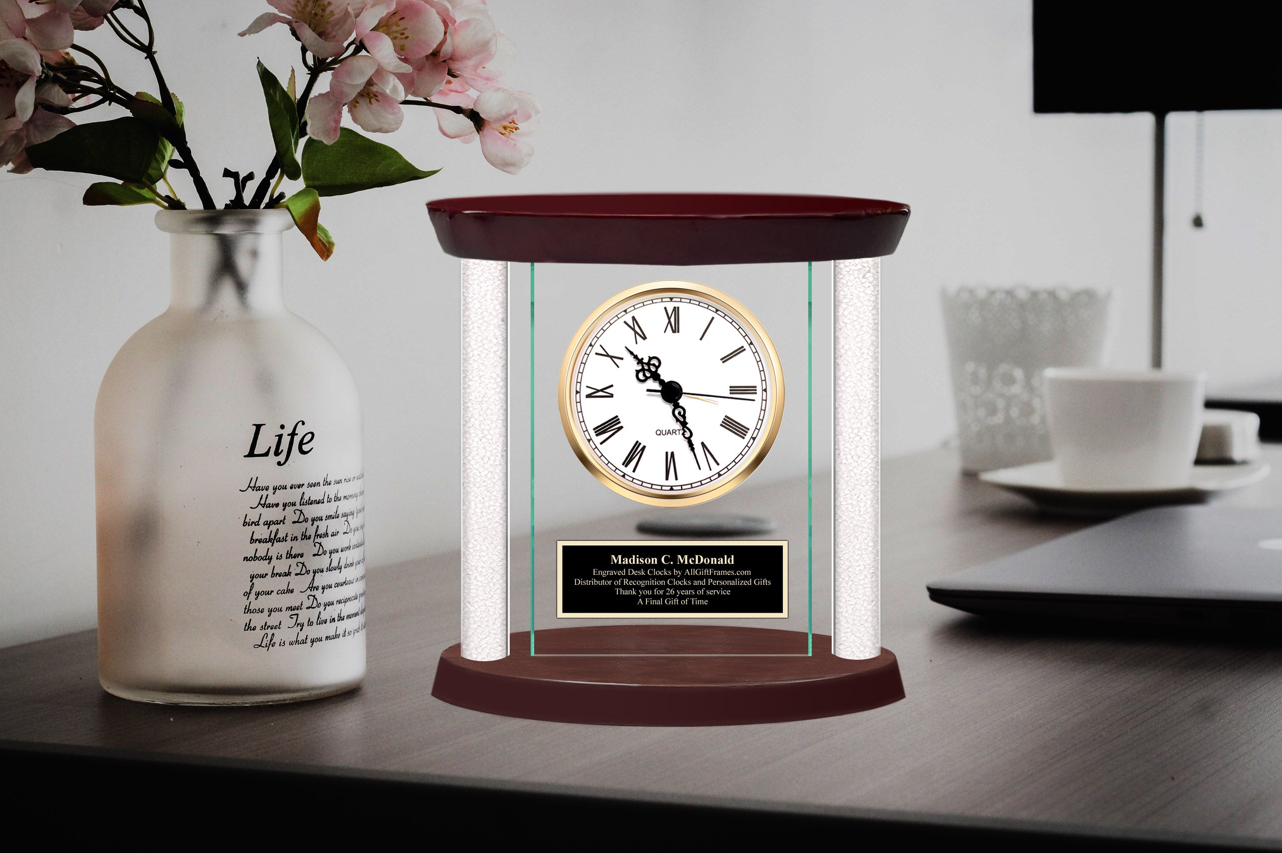 Personalized Clock Diamond Column Mantel Engraved Clocks Etched Table