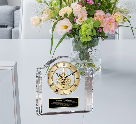 Customized Engraved Clock See Through Crystal Black Plaque Engraving Gold Tabletop Personalized Gifts Employee Service Award Anniversary Gear Engineer Love