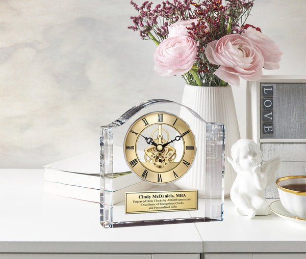 Custom Monument Engrave Crystal Clock Engraving Plaque Gold Retirement Gift Congratulations Graduation Thank You Appreciation Boss Going Away Coworker Anniversary