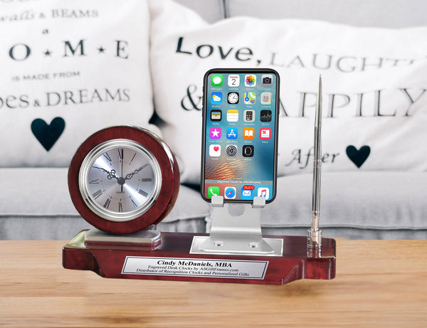Personalize Cell Phone Holder Engraved Desk Clock Pen Set Name Plate Office Wood Graduation Gift Retirement Promotion Display Tabletop Standtion Gift Retirement Promotion Display Tabletop Stand