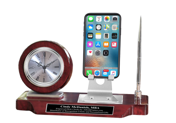 Black Engrave Cell Phone Holder Stand Desk Engraved Clock Nameplate Pen Set Silver Nameplate Retirement Graduate Gift Employee Service Award