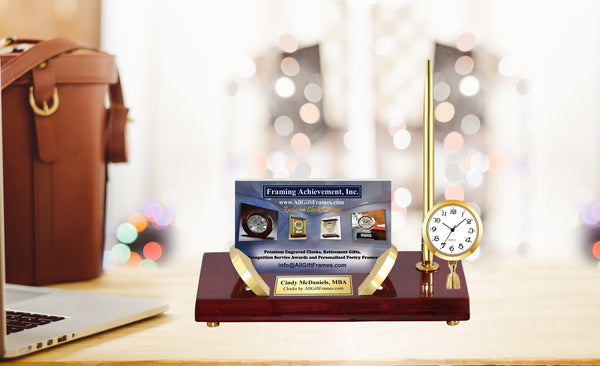Personalized Engraved Table Top Desktop Business Card Holder Stand Gold Mini Clock Display Case Desk Promotion Gift Award Service Engraving