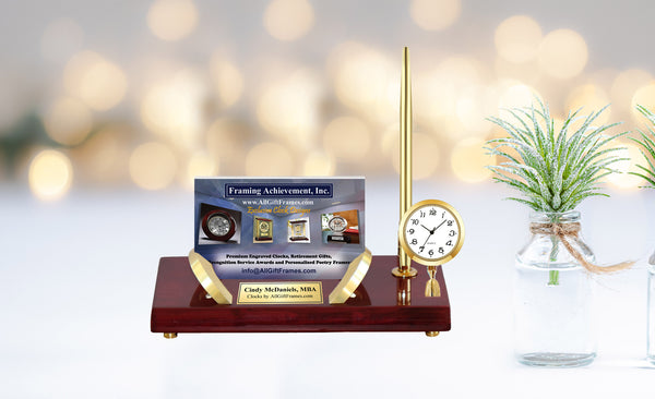 Personalized Engraved Table Top Desktop Business Card Holder Stand Gold Mini Clock Display Case Desk Promotion Gift Award Service Engraving