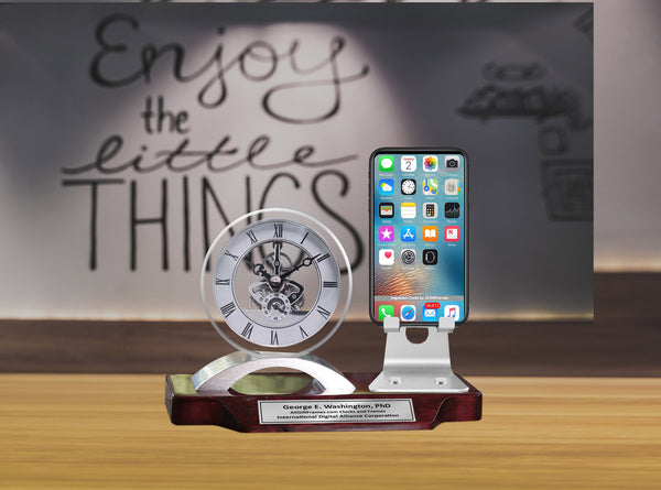 Engrave Desk Clock Name Plate Cell Phone Holder Stand Graduation Gift Personalized Employee Service Retirement Award Promotion Office Etched