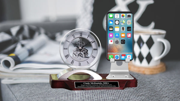 Etched Nameplate Custom Black Engraved Clock Cell Phone Stand Display Holder Name Plate Graduation Gift Office Business Retirement Employee