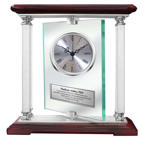 Personalized Gift Engraved Clock Diamond Columns Etched Silver Engraving Glass Retirement For Her Him Idea Anniversary Desk Mantel Award
