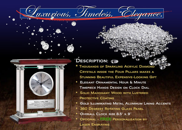 Personalized Gift Engraved Clock Diamond Columns Etched Silver Engraving Glass Retirement For Her Him Idea Anniversary Desk Mantel Award