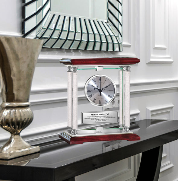Personalized Gift Engraved Clock Diamond Columns Etched Silver Engraving Glass Retirement For Her Him Idea Anniversary Desk Mantel Award