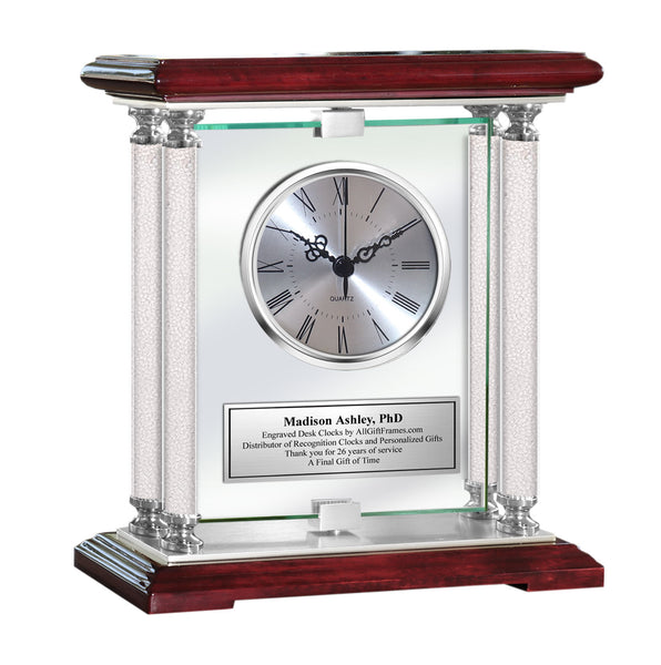 Personalized Gift Engraved Clock Diamond Columns Etched Silver Engraving Glass Retirement For Her Him Idea Anniversary Desk Mantel Award