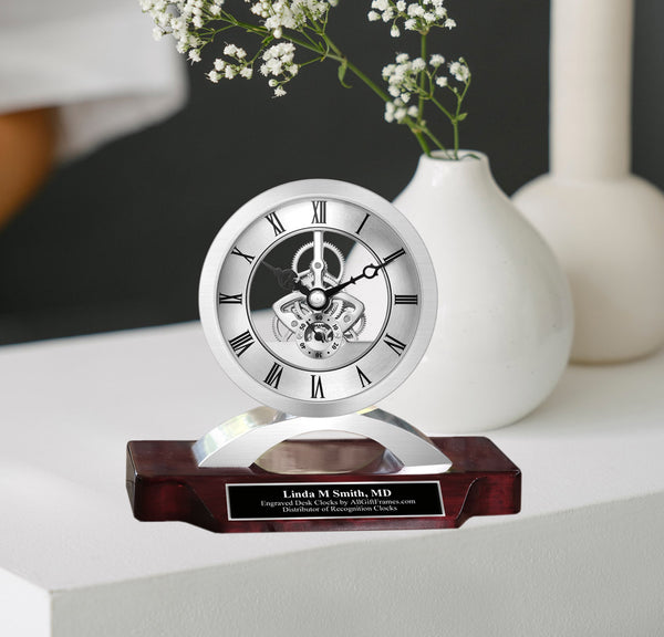 Engraved Silver Desk Gear Clock Wooden Base Engraving Plate Retirement Personalize Engineer Service Award Employee Graduation Promotion Gift
