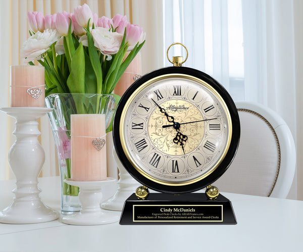 Large Gold Florentine Personalized Clock Gift Engrave Black Pedestal Plaque Anniversary Engravable Present Boss Coworker Birthday Graduation