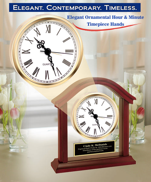 Personalized Wood Table Desk Clock Crowned Top Black Engrave Shelf Custom Engravable Desktop Business Etched Executive Graduation Coworker