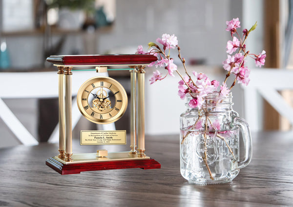 Gold Gear Davinci 360 Degree Spinning Glass Personalized Desk Mantle Clock Table Top Engraved Boss Coworker Retirement Recognition Wedding Anniversary Mantel Service Award Promotion