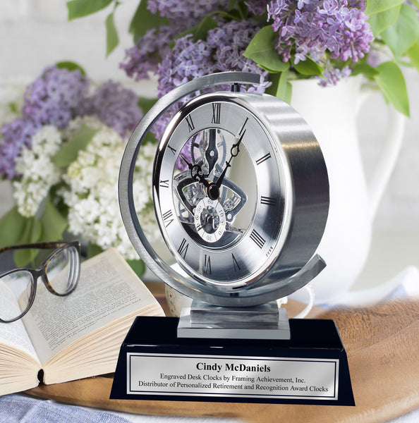 Gear Da Vinci Metal Silver Desk Clock Which Rotates 360 Degrees with Silver Engraving Plate. Unique Engineering Anniversary Retirement Gift