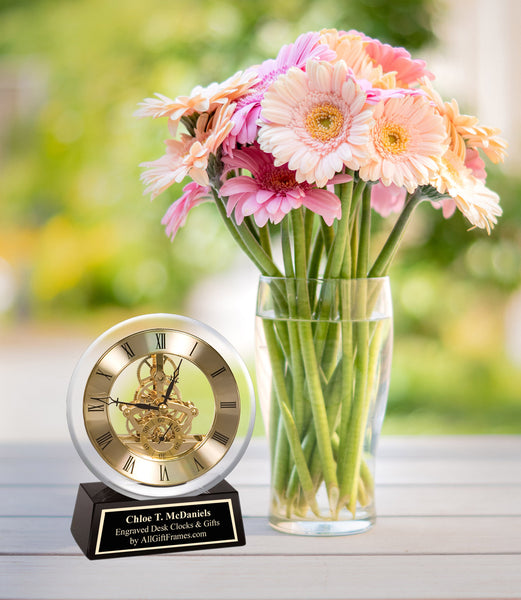 Gold Engravable Inscription Black Engraved Black Glass Base Accent Transparent Clock Custom Gift Idea Time Mantel Customized