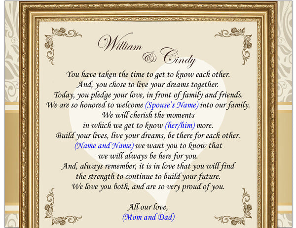 Wedding Plaque to Bride or Son from Parents