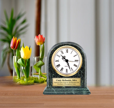 Marble Desk Clock Arch Shape Personalized with Gold Engraving Plate Executive Birthday Employee Service Recognition Award Anniversary Gift