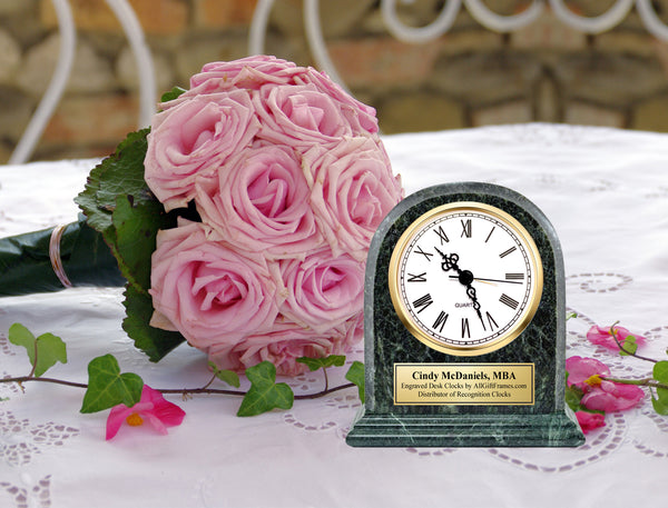 Marble Desk Clock Arch Shape Personalized with Gold Engraving Plate Executive Birthday Employee Service Recognition Award Anniversary Gift