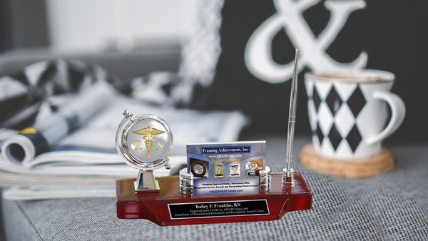 Engrave Desk Clock Pen Business Card Name Plate Nursing School Medical Staff Caduceus Hospital Office Graduation Retirement Gift Promotion BSN MSN DNP Registered Nurse Practitioner