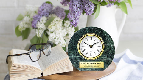Personalized Round Green Marble Clock with Gold Engraving Plate Anniversary Wedding Employee Recognition Award Service Boss Retirement Gift