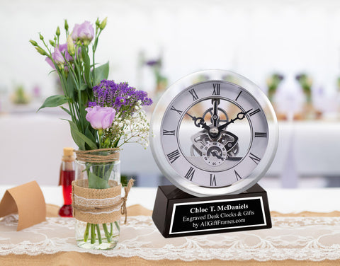 Custom Engravable Clear Transparent Desk Clock Gears Black Engraving Silver Glass Base Personalized Tabletop Best Engineer Gift Retirement